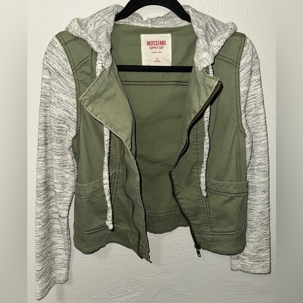 Mossimo Supply Co. Military Green Diagonal Zip Up Denim Body With Cotton Sleeves - Picture 3 of 9